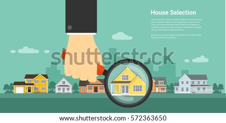 picture of a human hand holding magnifying glass and number of houses, house selection, house project, real estate concept, flat style illustration