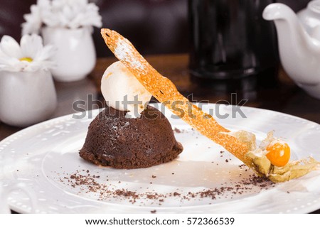 Chocolate dessert in white plate served with ice cream. White chamomile in soft focus.