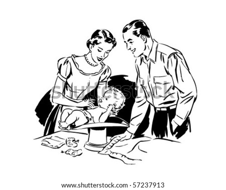 Mom And Dad Weighing Baby - Retro Clip Art