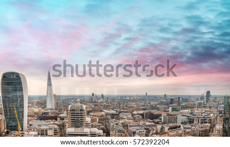 Aerial panoramic sunset view of London, Southern Side.