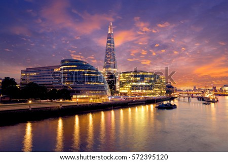 London skyline sunset City Hall and Shard on Thames river