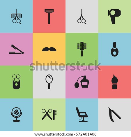 Set Of 16 Editable Barber Icons. Includes Symbols Such As Peeper, Shaver, Reflector And More. Can Be Used For Web, Mobile, UI And Infographic Design.