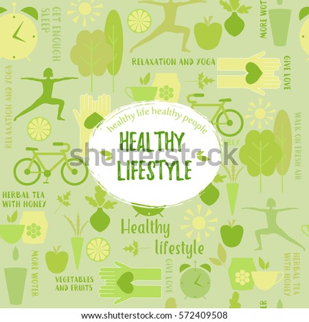 Healthy life style in flat design with food and sport icons. Vector  healthy lifestyle pattern