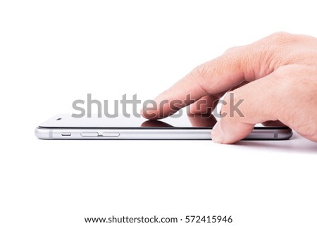 Smart mobile phone finger touch on touchscreen with blank screen isolated on white background