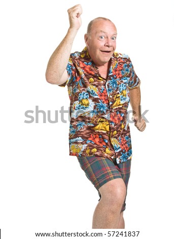 Expressive old man in loud shirt holiday concept isolated against white.