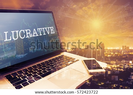 LUCRATIVE : Grey screen laptop computer. Vintage effects. Digital Business and Technology Concept.