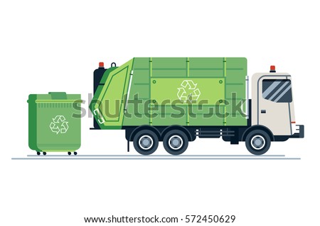 Cool vector urban sanitary vehicle garbage front loader truck. Residential and commercial solid waste collection and transportation. Green garbage truck Royalty-Free Stock Photo #572450629