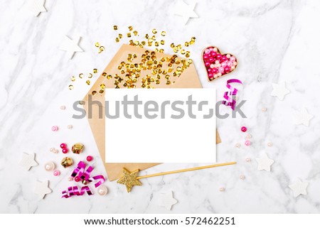 Empty card with Magic wand, heart and serpentine. Mock up template. View from above