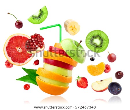 Fresh mixed fruits falling on white background. Food concept Royalty-Free Stock Photo #572467348