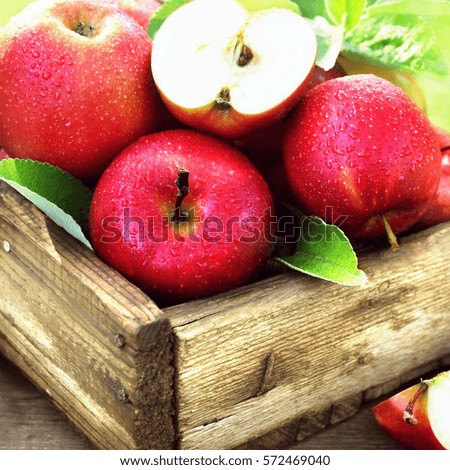 Crate of fresh ripe harvested red apples with leaves on wooden background, selective focus