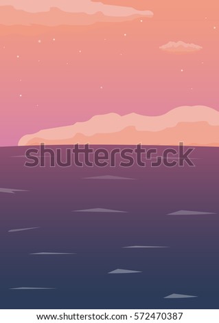Sea background with waves and clouds. Vector flat illustration