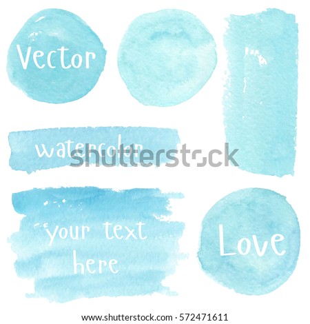 Set of watercolor stain. Spots on a white background. Watercolor texture with brush strokes. Round, rectangle, spot. Blue, turquoise. The sky. Vector. Isolated.