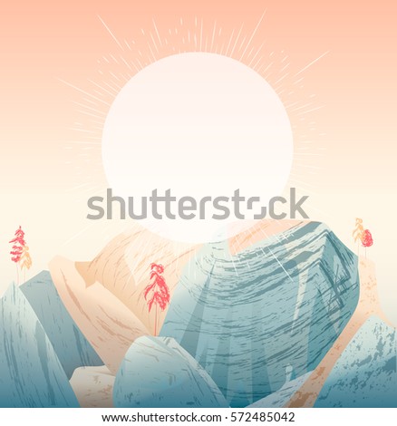 Beautiful sunset in mountains. Lettering, motivation template, travel concept. Vector illustration