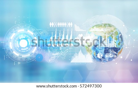 Close up of a globe with data and graphs near it. Blurred office background. Elements of this image furnished by NASA