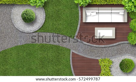 garden design in top view including garden furniture Royalty-Free Stock Photo #572499787