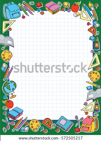 banner green cell sheet in cage with set of different school things bag apple vector illustration