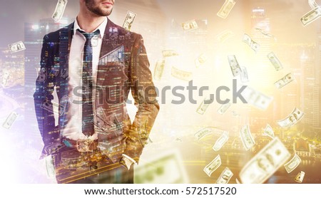 Close up of a bearded businessman standing with his hands in pockets under a dollar rain against a night city panorama. Toned image. Mock up. Double exposure