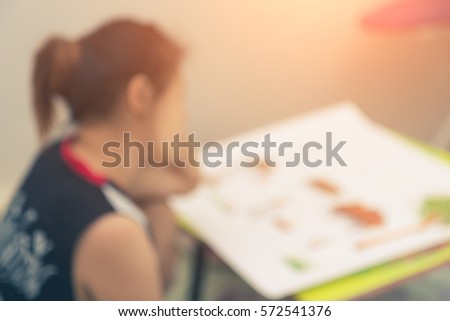 blurred image of asian woman serious about the work done until the headache