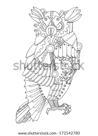 Steampunk style owl. Mechanical animal. Coloring book raster illustration.