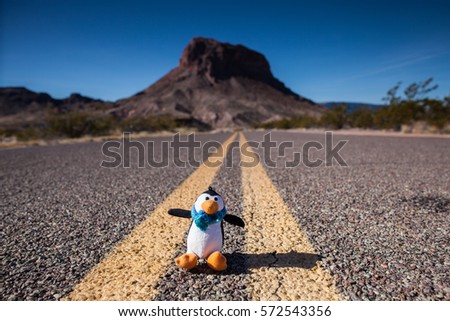 Penguin toy on the road in the Big Bend National Park, Texas, USA