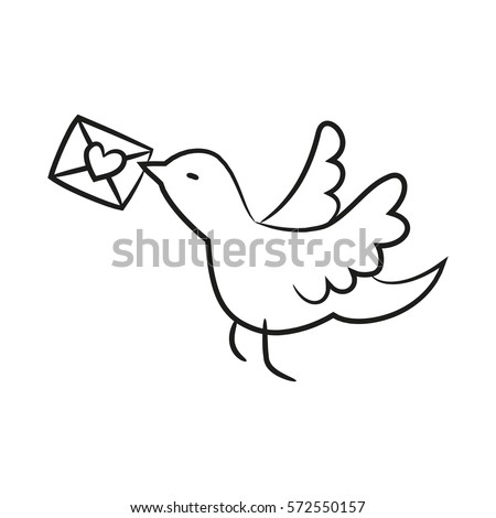Cartoon bird with love letter on the white background for your design. Vector illustration.