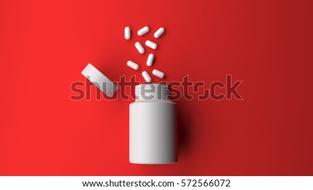 Pill bottle on red background for use in presentations, education manuals, design, etc 3D illustration