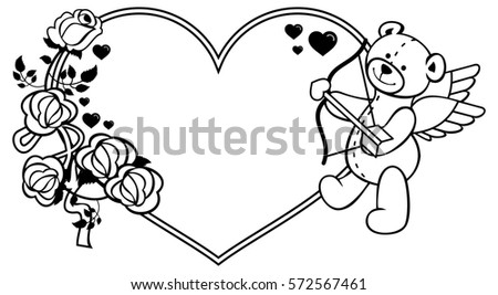 Heart-shaped frame with outline roses and teddy bear with bow and wings, looks like a Cupid. Valentine Day background. Raster clip art.