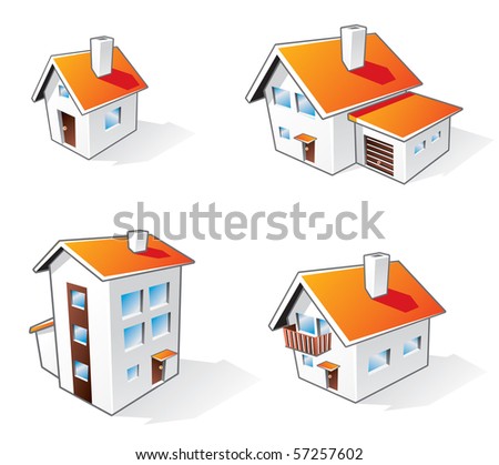 Four different houses vector icons illustration in cartoon style. Different family residential house types.