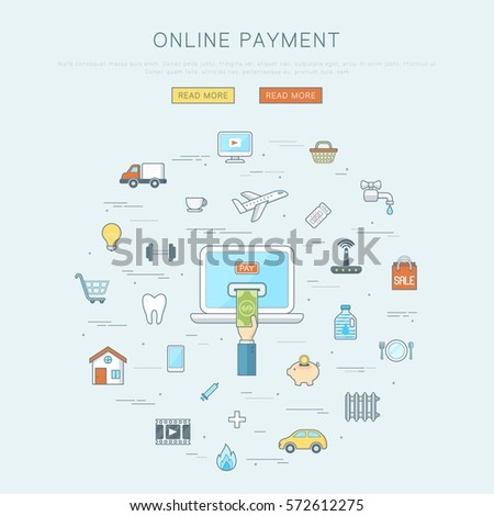 Online payment concept, flat web design banner, editable stroke