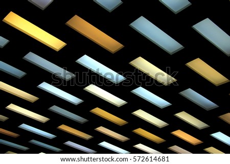 Scenic colored yellow, blue, lilac and white ceiling hanging  lamps on a black background, office space design, innovative lighting, light fixture, diagonal position.