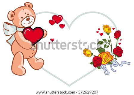 Heart-shaped frame with roses and teddy bear holding red heart.  Copy space. Raster clip art.