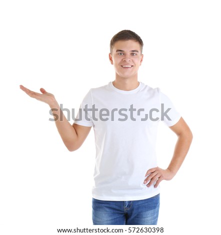 Handsome young man in blank t-shirt on white background