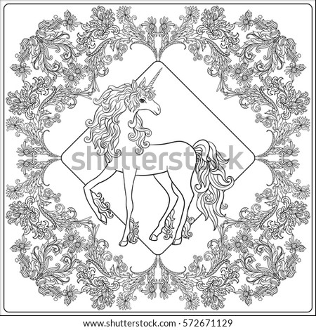 Unicorn in the frame, arabesque in the royal, medieval style. Outline drawing coloring page. Stock vector.

