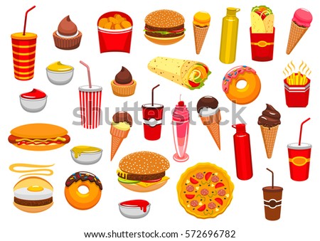 Fast Food snacks icons of cheeseburger and pizza, french fries and hot dog, hamburger, burrito, chicken nuggets, ice cream and donut, soda or coffee. Fastfood and sauces vector food