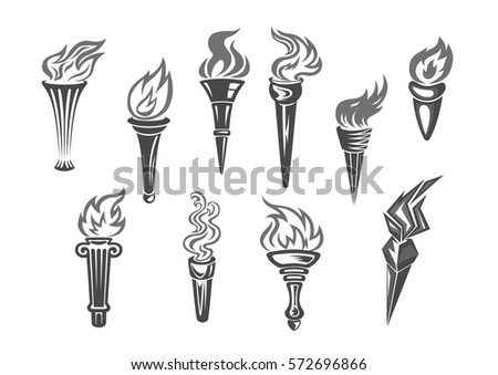 Fire torch icons. Vector isolated burning torches flames. Symbols of relay race, competition victory, champion or winner and football sports or sportive games championship or marathon