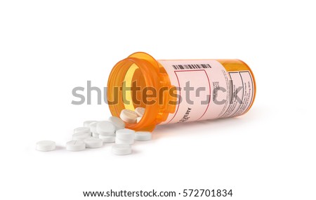 white pills in yellow bottle isolated Royalty-Free Stock Photo #572701834