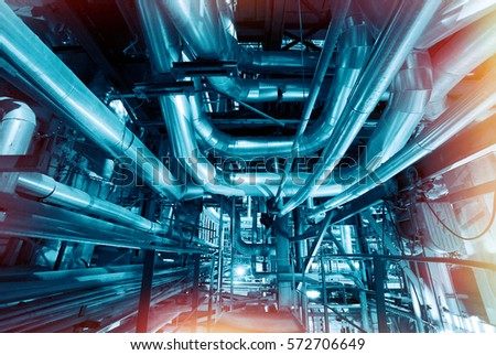 Industrial zone, Steel pipelines and cables in blue tones
