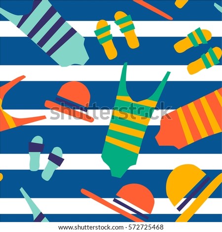 The illustration shows the beach accessories - swimsuit, glasses, towel, hat.