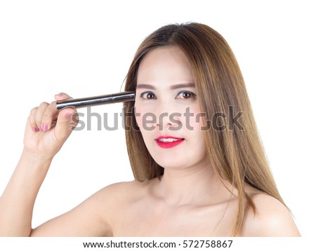 asian beautiful woman applying Mascara , isolated on white background. skincare, cosmetology concept.