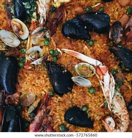 Top view close up picture of spanish paella rice with sea food