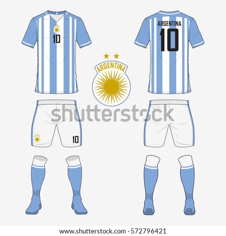 Set of soccer jersey or football kit template for Argentina national football team. Front and back view soccer uniform. Sport shirt mock up. Vector Illustration