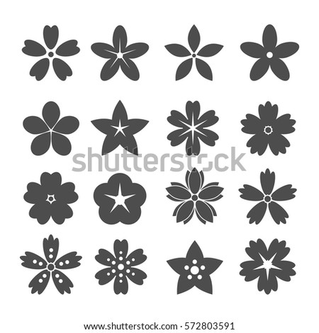 Set of flat flower icons in silhouette isolated on white. Cute retro design  for stickers, labels, tags, gift wrapping paper.