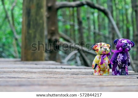 couple lovely bears on a wooden bridge inside the mangrove, love concept