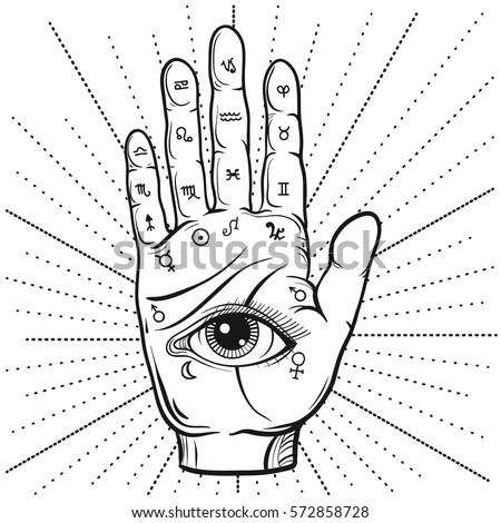 Fortune Teller Hand with Palmistry diagram, hand-drawn all seeing eye. Vector vintage illustration for tattoo template, magic alchemy spirituality zodiac symbol. Royalty-Free Stock Photo #572858728