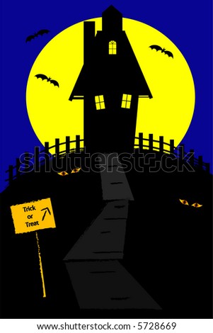 Sidewalk leads to a haunted trick or treat house with scary eyes and bats flying.
