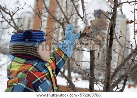 Child putting bread in the bird feeder