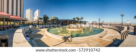 Spanish Plaza panoramic view on a sunny day, New Orleans, Louisiana - USA.