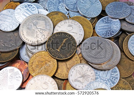 


Old invalid coins from europe. History coins texture pattern Vintage Money coins background. Filler Schilling Groschen Pfennig Mark Forint