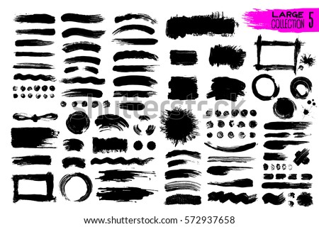 Big collection of black paint, ink brush strokes, brushes, lines. Dirty artistic design elements, boxes, frames. Vector illustration. Isolated on white background. Freehand drawing.