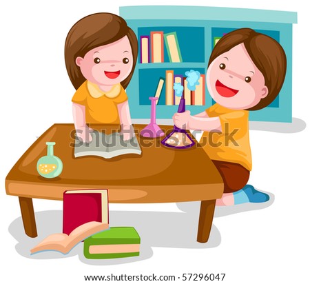 illustration of isolated two girls study chemistry on white